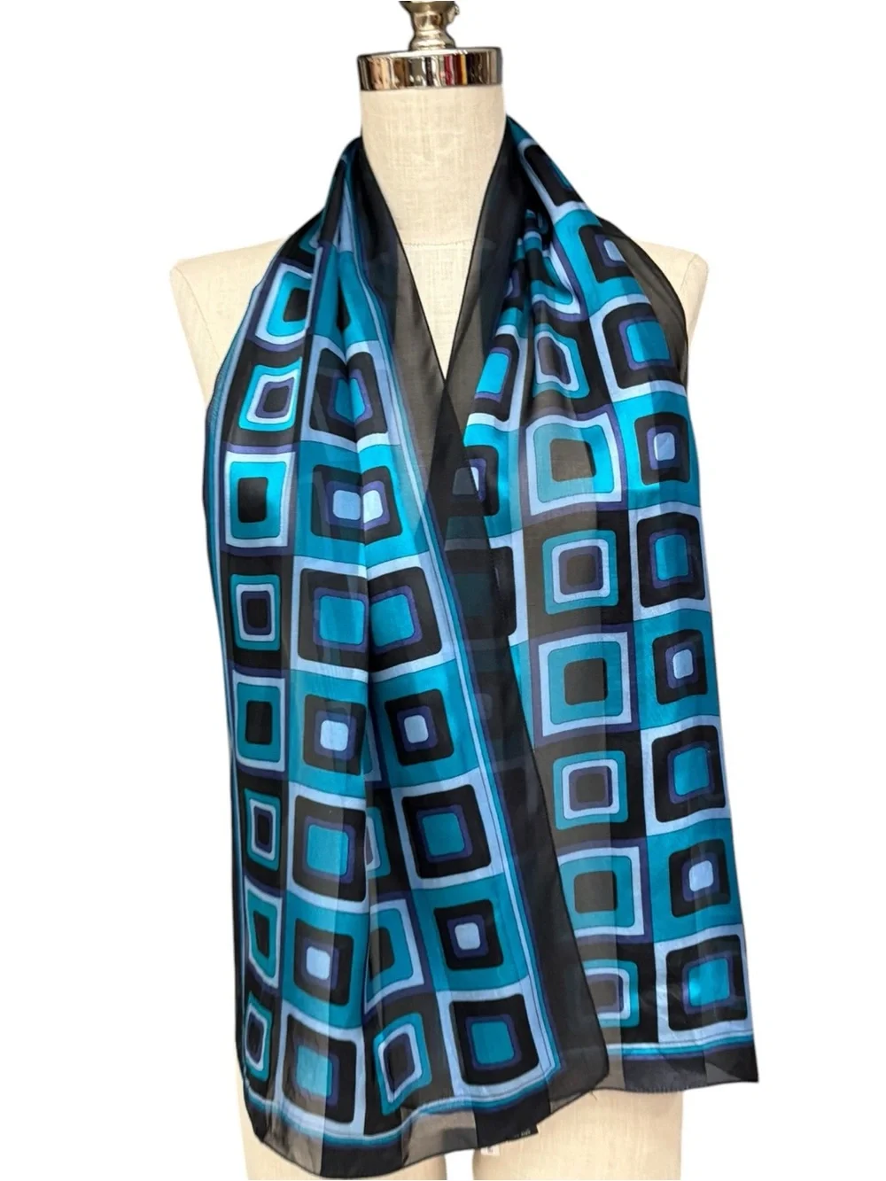 Casual Corner Blue Black Geometric Silk Scarf Retro Mod Print